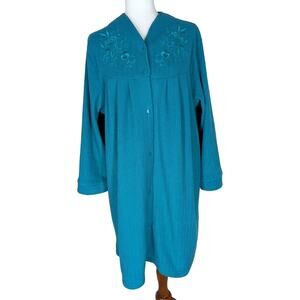 Miss Elaine Brushed Back Terry Snap Robe Housecoat Green Floral Embroidery Sz M